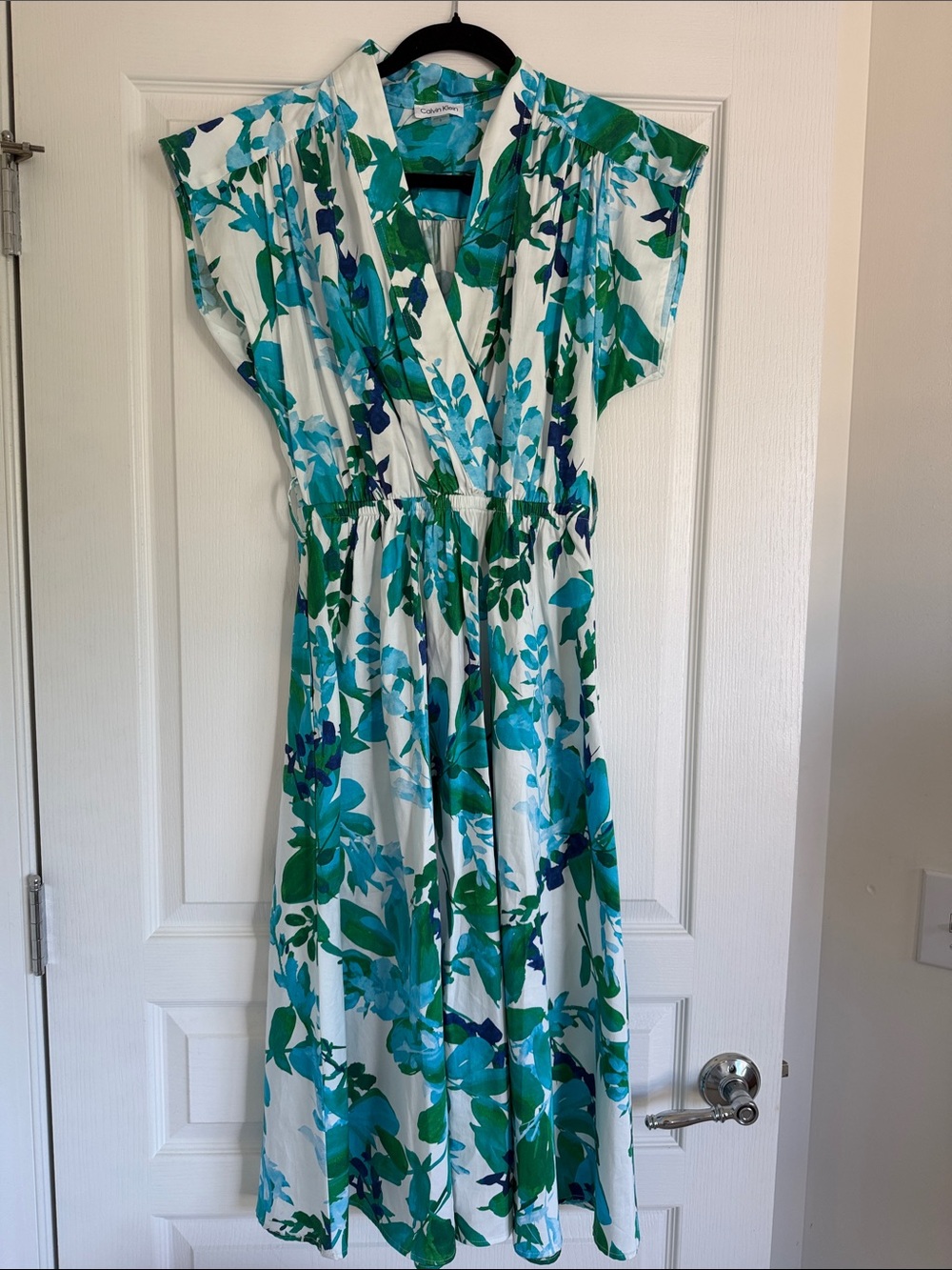 Calvin Klein Floral V-Neck Midi Dress in Teal & White